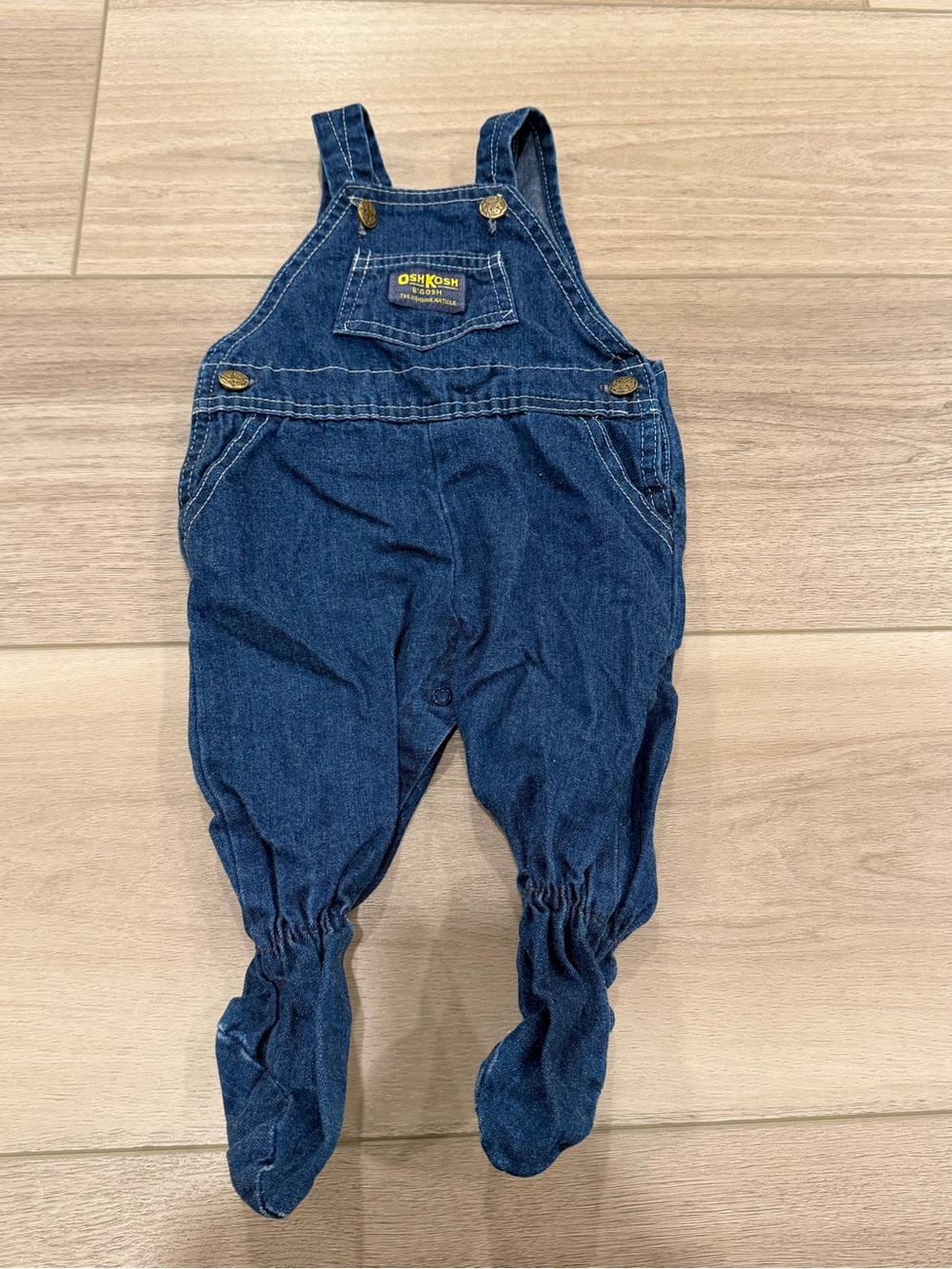 Vintage OshKosh B’gosh Footed Overalls Blue Denim Made in USA Baby Size 6-9 Mths